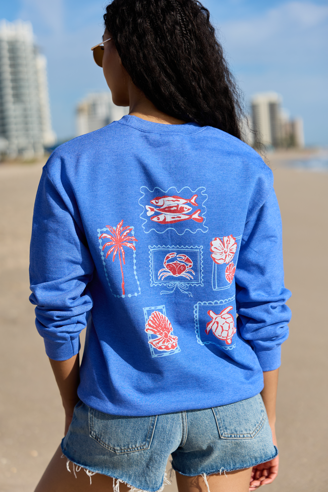 Coastal Stamps Blue Graphic Sweatshirt