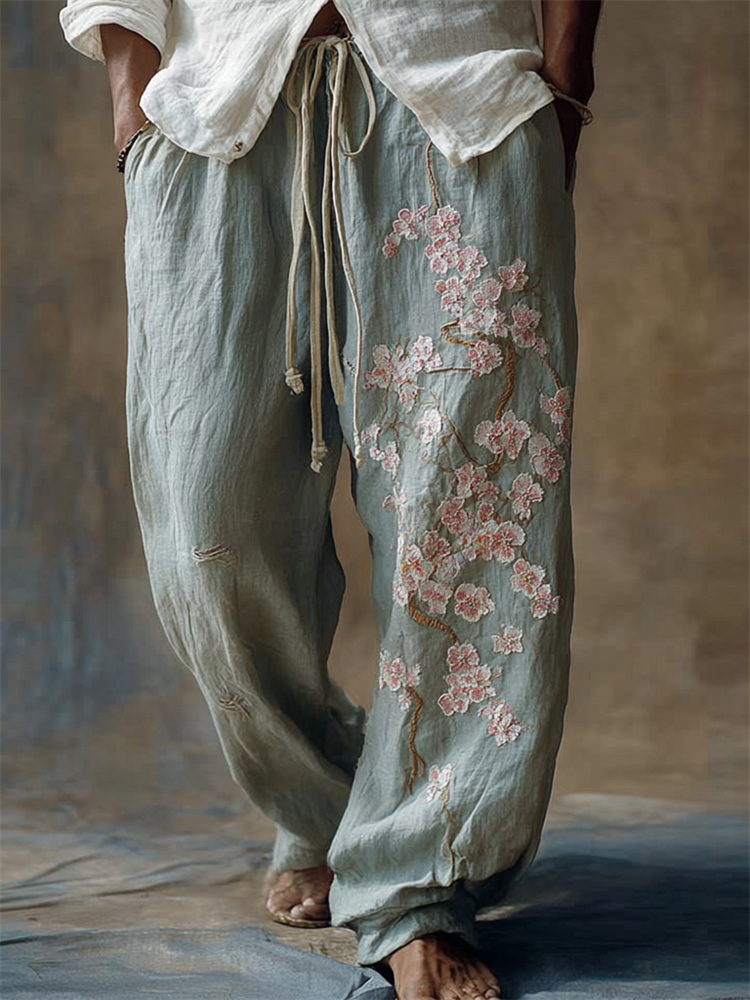 Men's Vintage Cherry Blossom Wide Leg Linen Pants