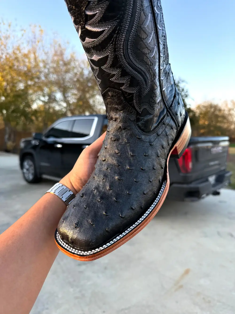 Black Ostrich Leather Boots - Square Toe