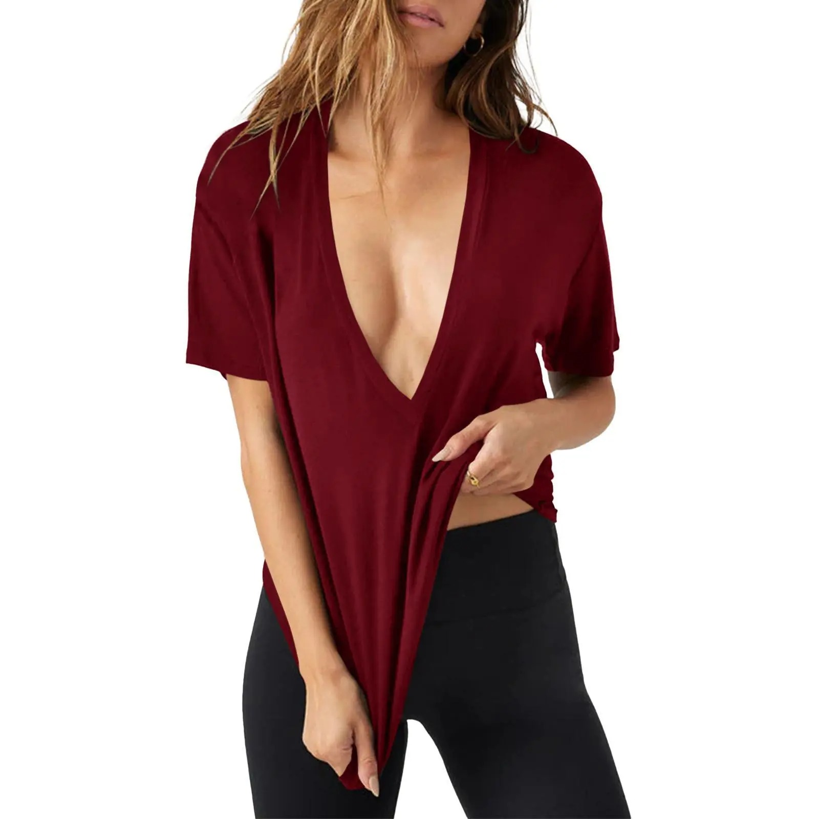 ✨ Women’s Deep V-Neck Short Sleeve Casual Tee