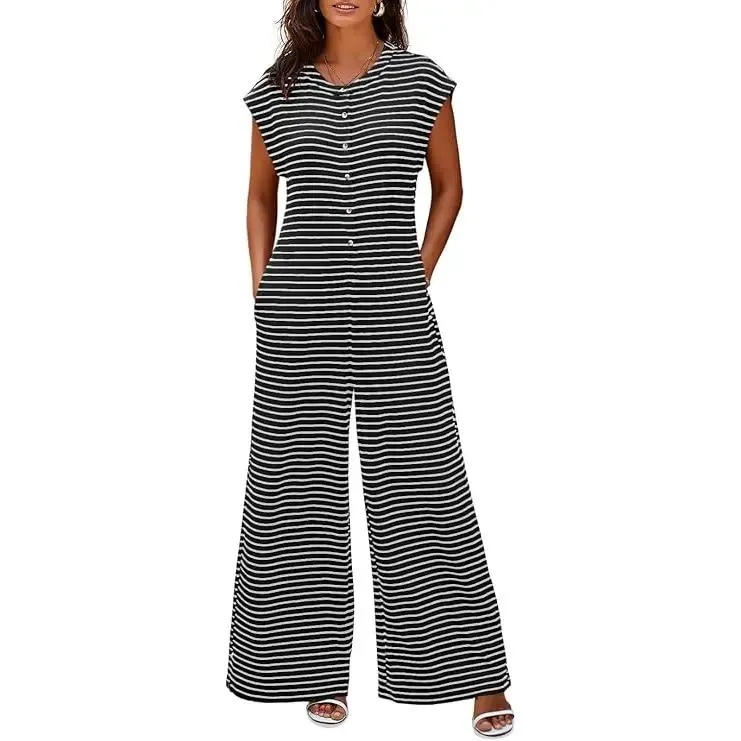 Women’s Casual Striped Wide Leg Jumpsuit – Summer Cap Sleeve Button Down Romper with Pockets