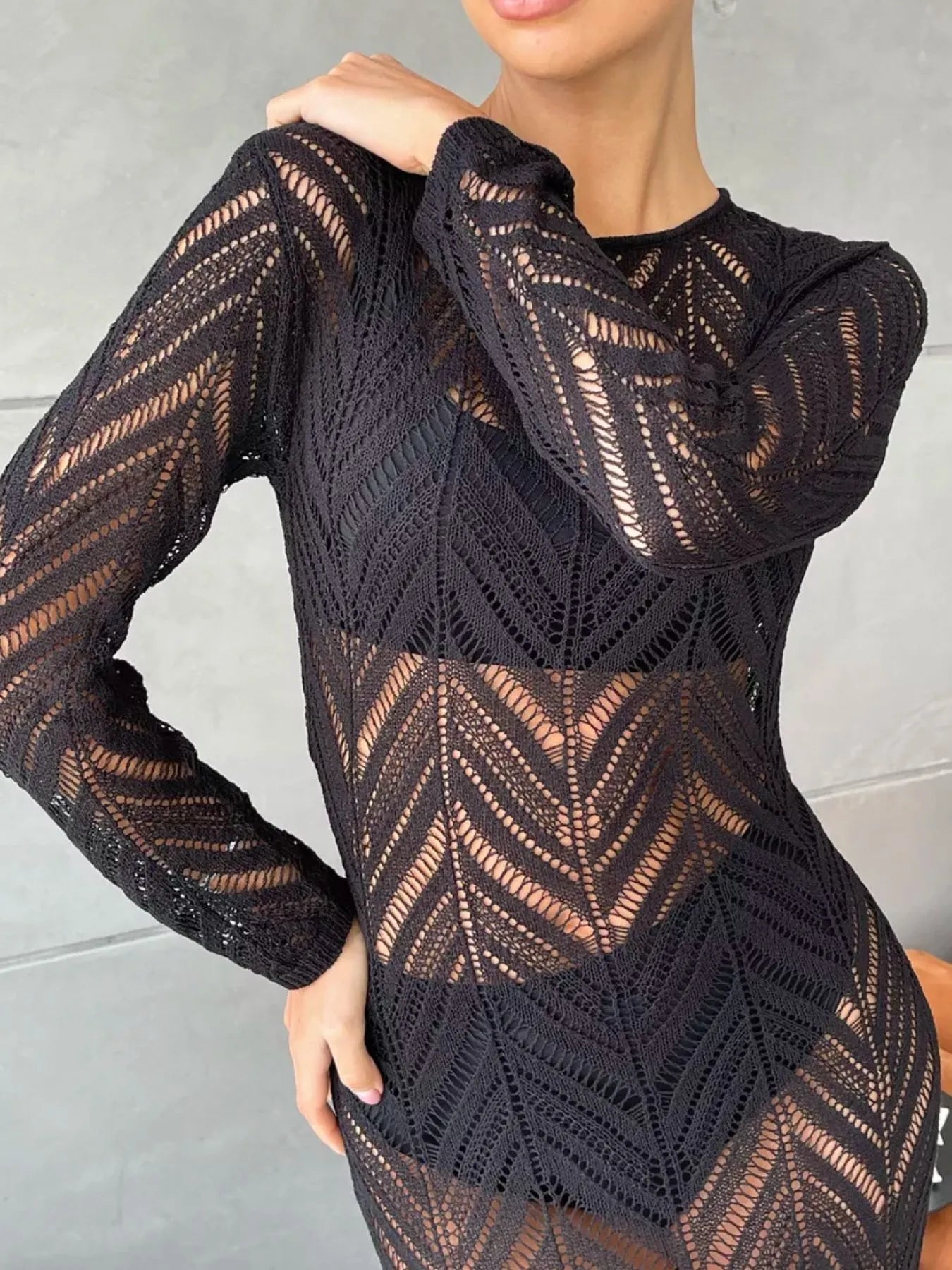 Openwork Long Sleeve Knit Cover Up Dress