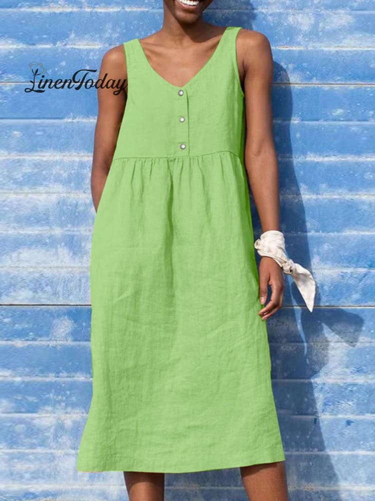 Women's Solid Color Loose Elegant Casual Cotton And Linen Sleeveless Dress