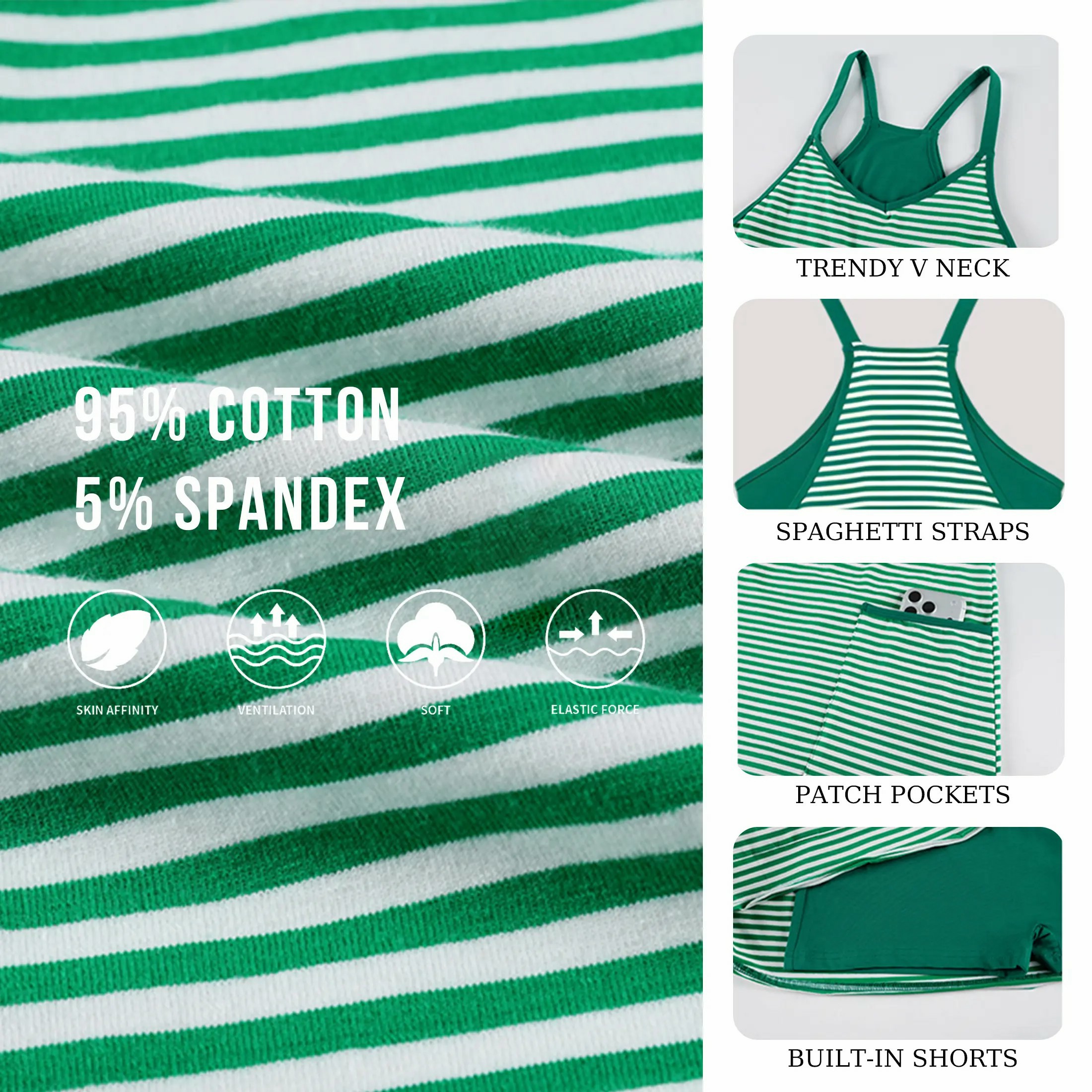 Women's Summer Athletic Mini Dress Sleeveless V Neck Built-in Shorts Striped Tennis Workout Vacation