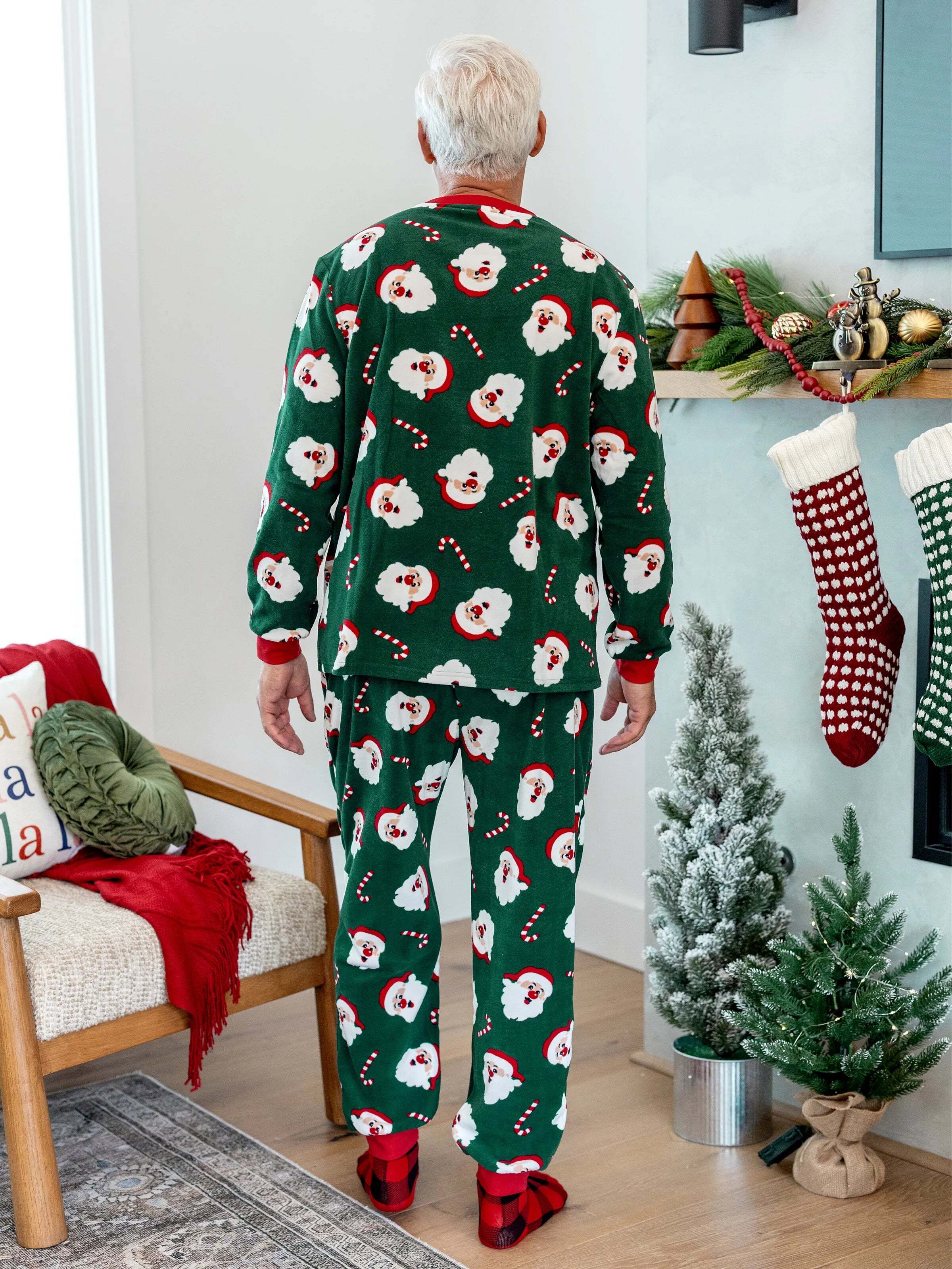 Christmas Matching Family Fleece Pajamas Set Santa Claus and Candy Cane Print PJS with Christmas Socks Dark Green
