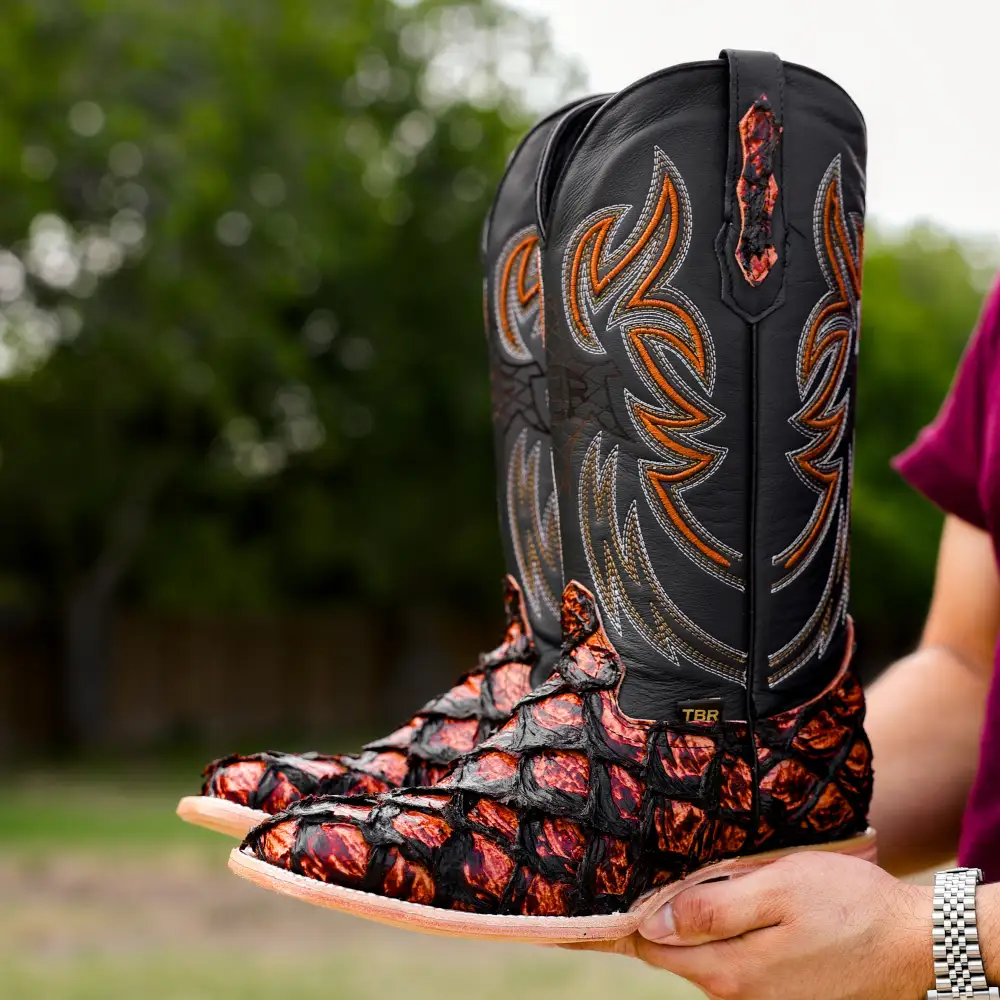 Cognac Jumbo Pirarucu Leather Boots - Square Toe