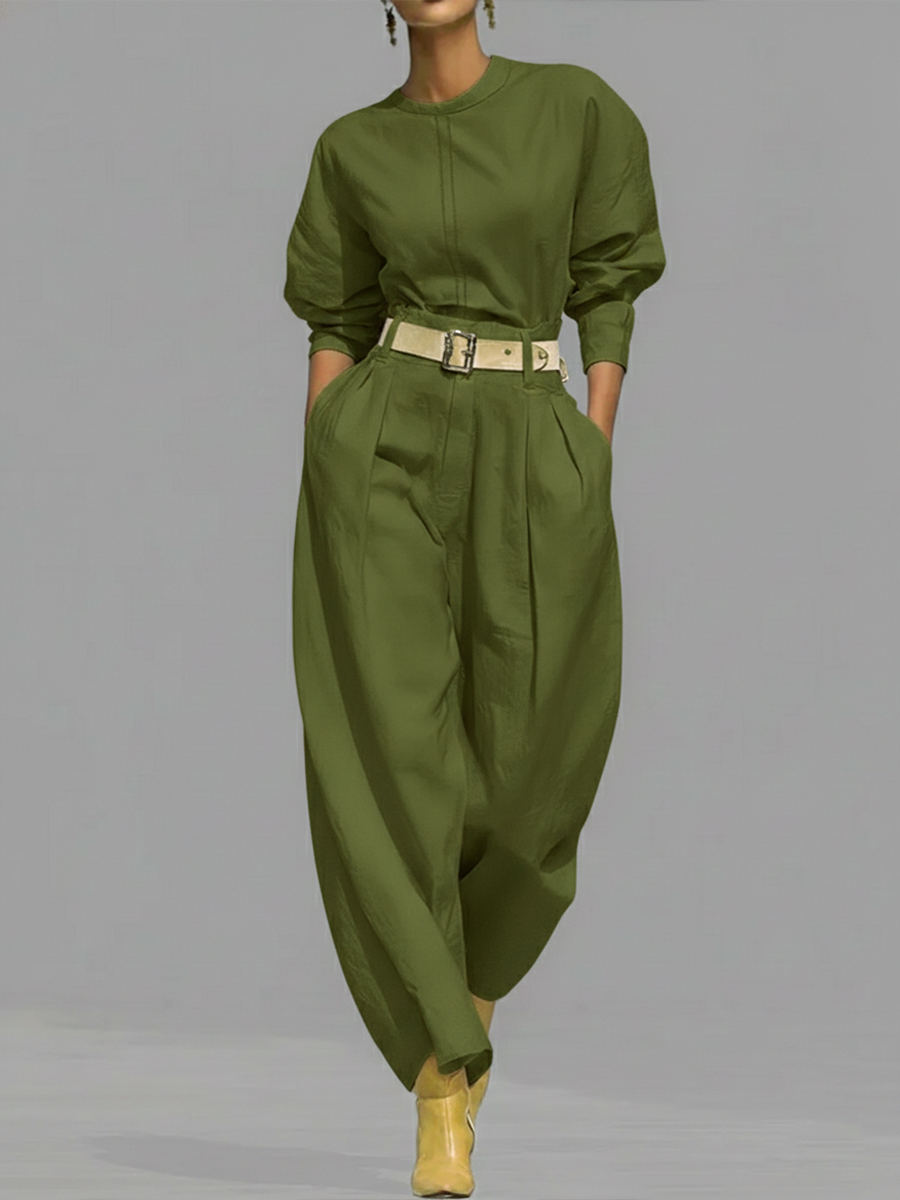 Casual Linen And Cotton Crew-neck Shirt And High-waisted Tapered Trousers Two-piece Set.