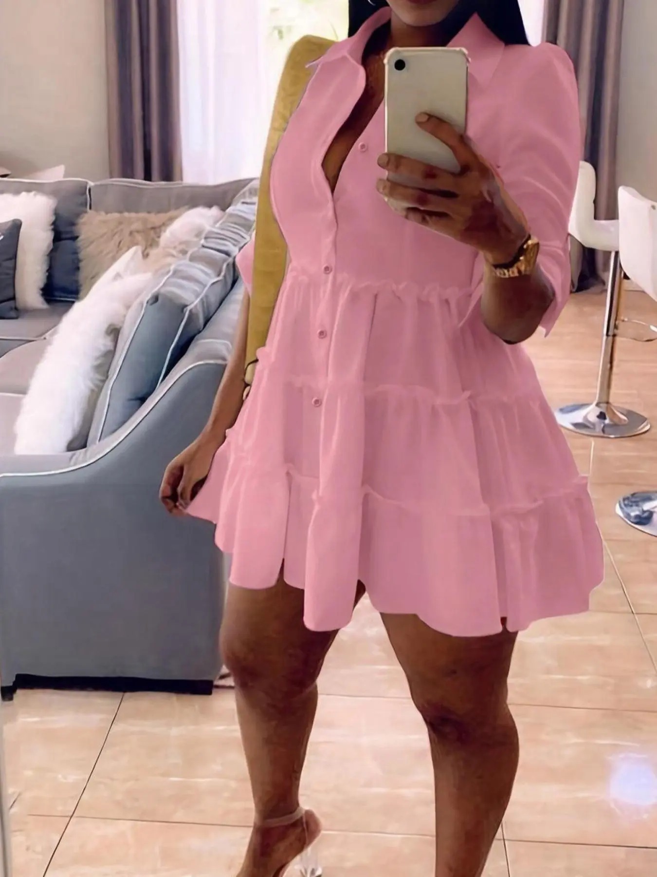 Elegant Frill Trim Button-Down Shirt Dress