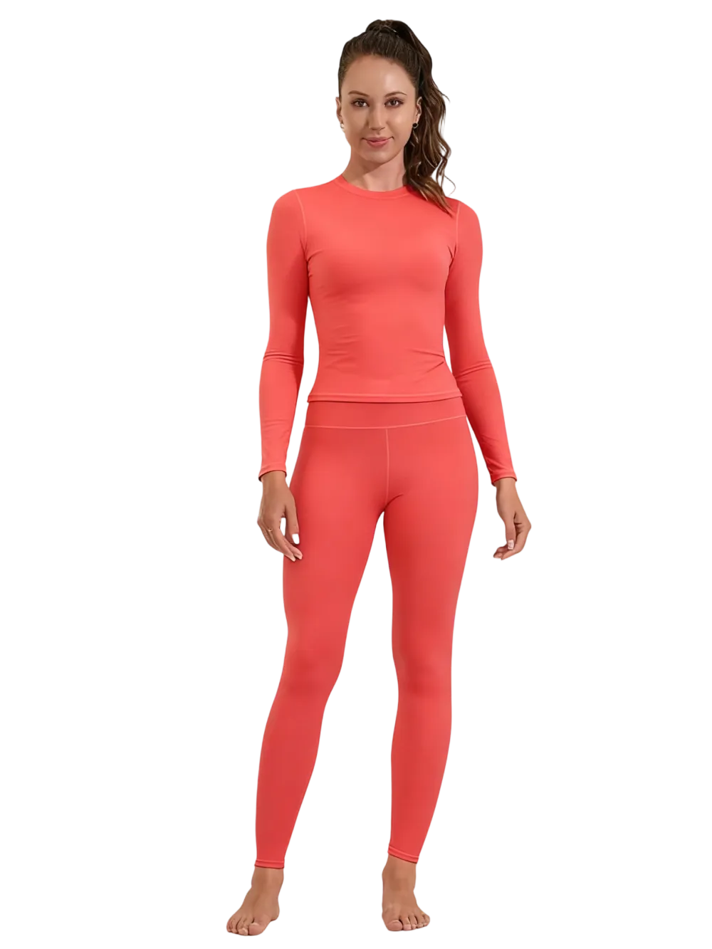 Women's Solid Long Sleeve Tee & High Waist Leggings Sportswear Set