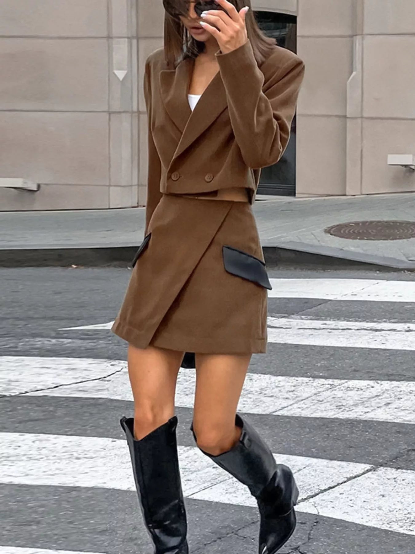 Double-Breasted Blazer & Asymmetrical Skirt Set