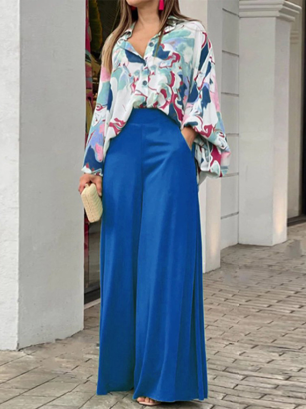 Loose Long Sleeves Floral Printed Blouses + High-Waisted Solid CoLor Wide Leg Pants Trousers Two Pieces Set
