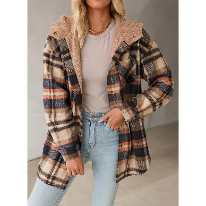 Women's Flannel Hooded Plaid 2025 Shacket