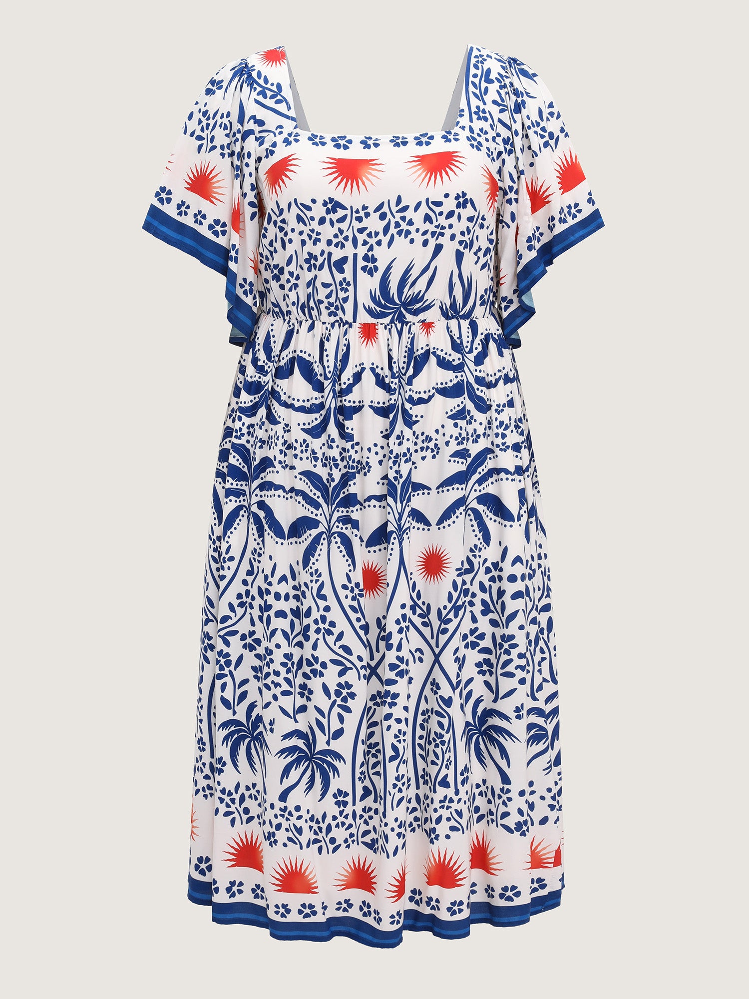 Tropical Print Flared Half-Sleeve Midi Dress