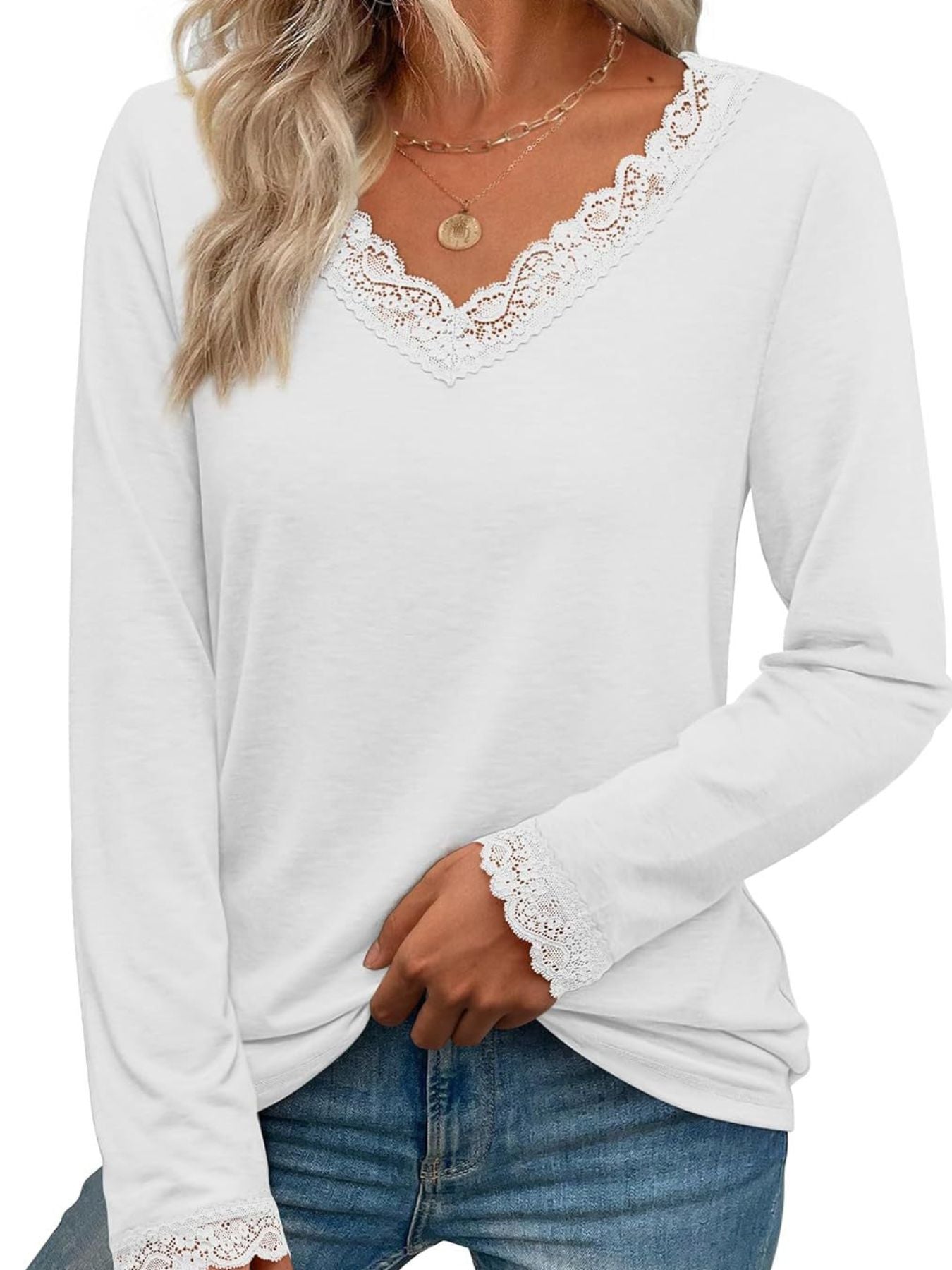 Lace Trim V-Neck Long Sleeve T-Shirt
