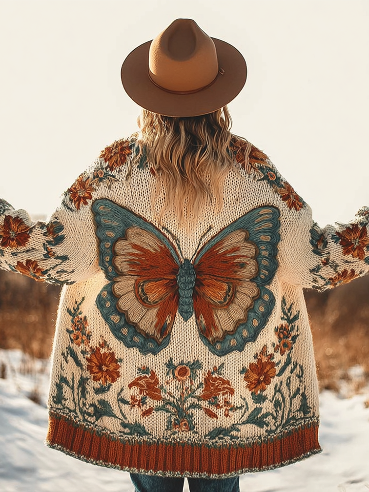 Bohemian Style Butterfly And Plant Floral Pattern Women's Cardigan Sweater
