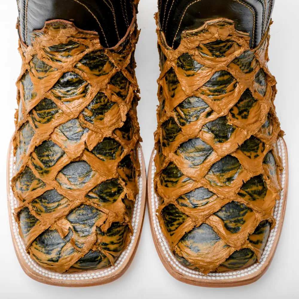 Brown Rustic Jumbo Pirarucu Leather Boots - Square Toe