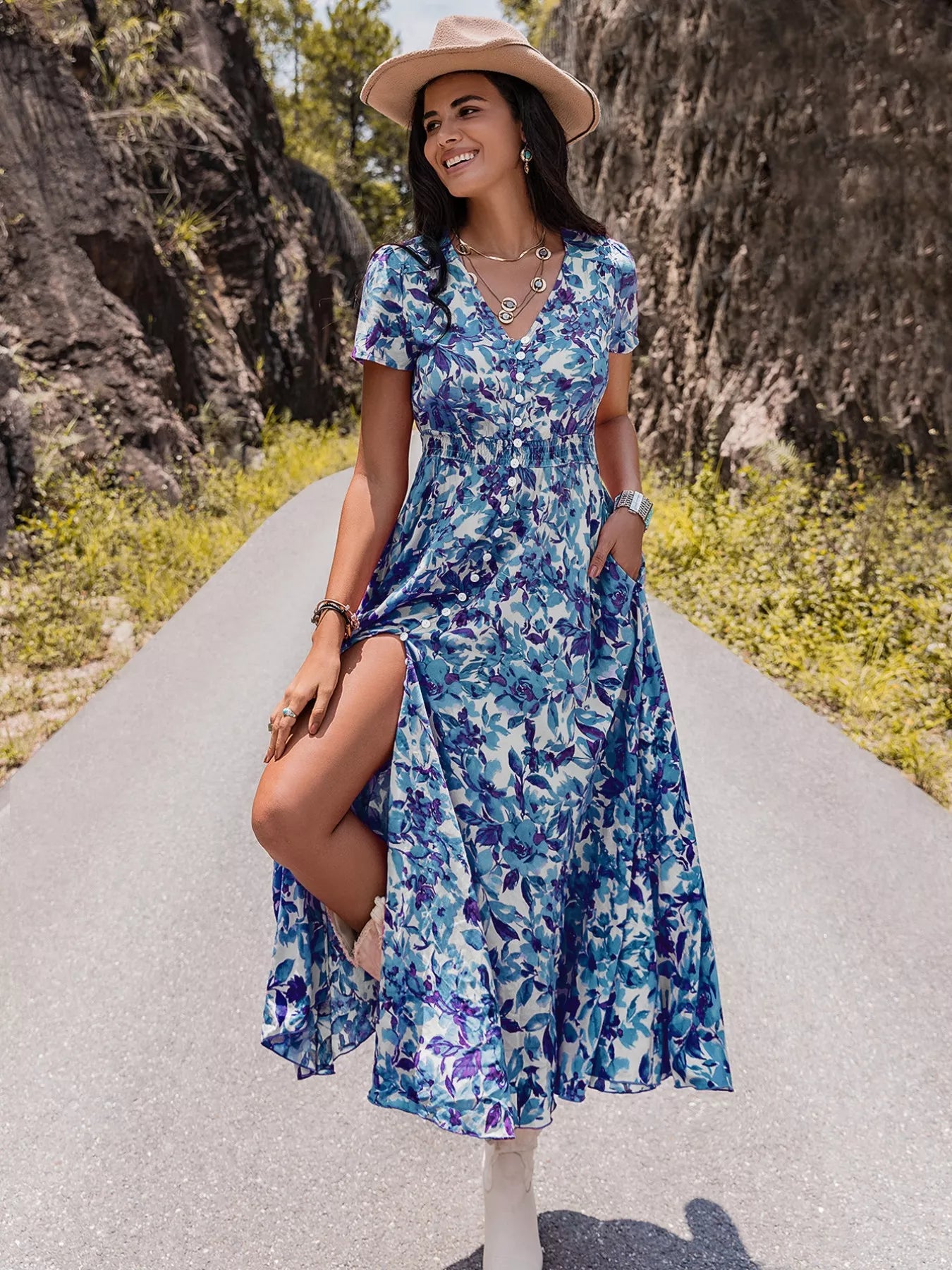 Floral Print V-Neck Slit Midi Dress