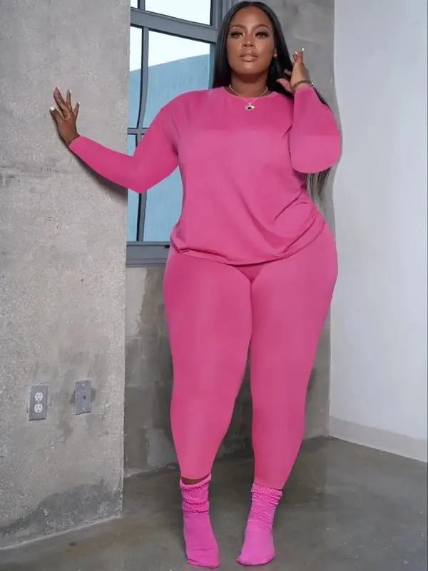 Plus Size 2-Piece Set – Long Sleeve Top & Skinny Pants, Cozy Fall Outfit