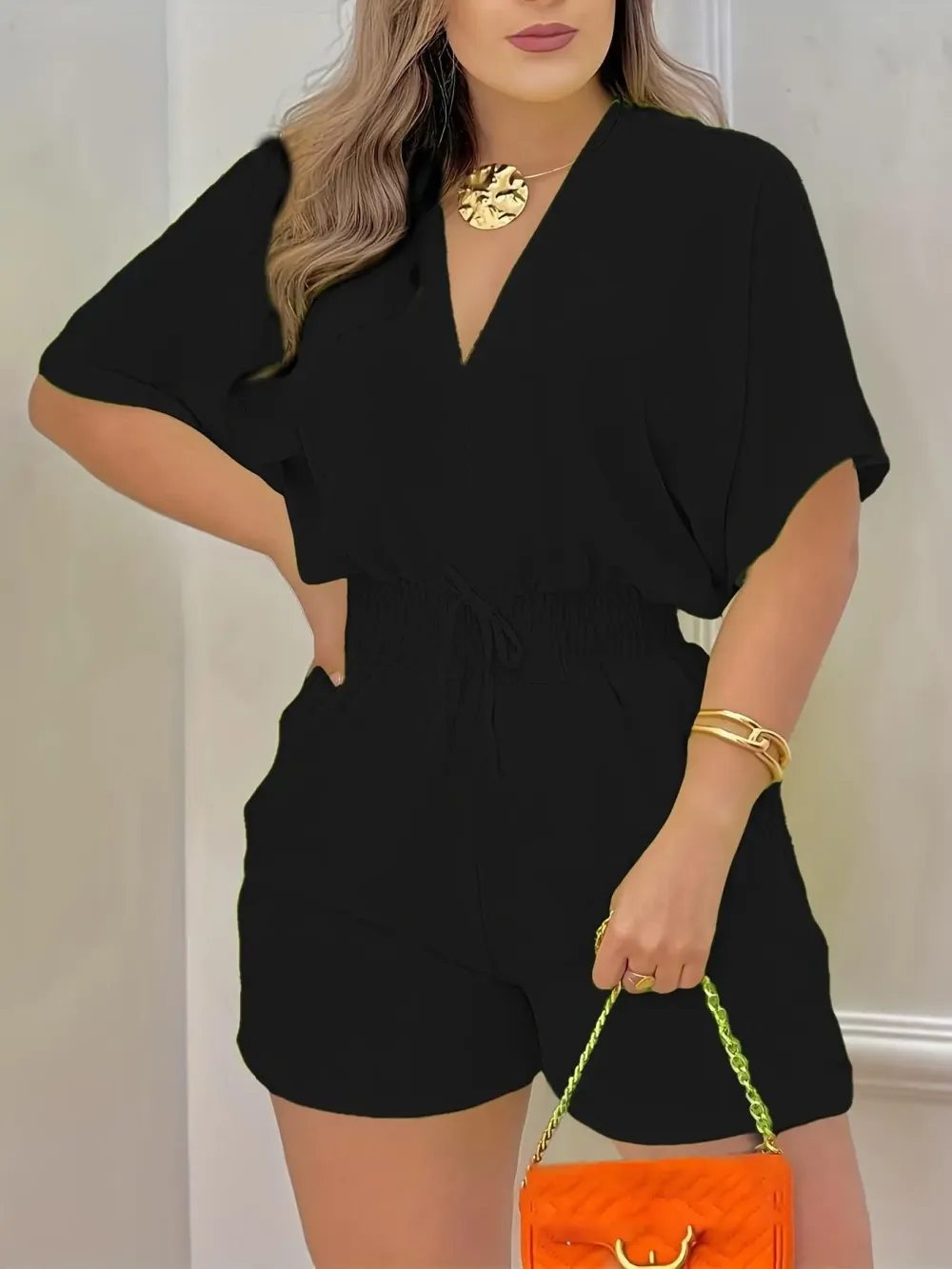 Women’s V-Neck Shirred Waist Summer Romper