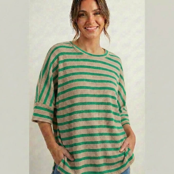 Women's Ribbed Striped 3/4 Sleeve Top – Easy Fit Everyday Essential
