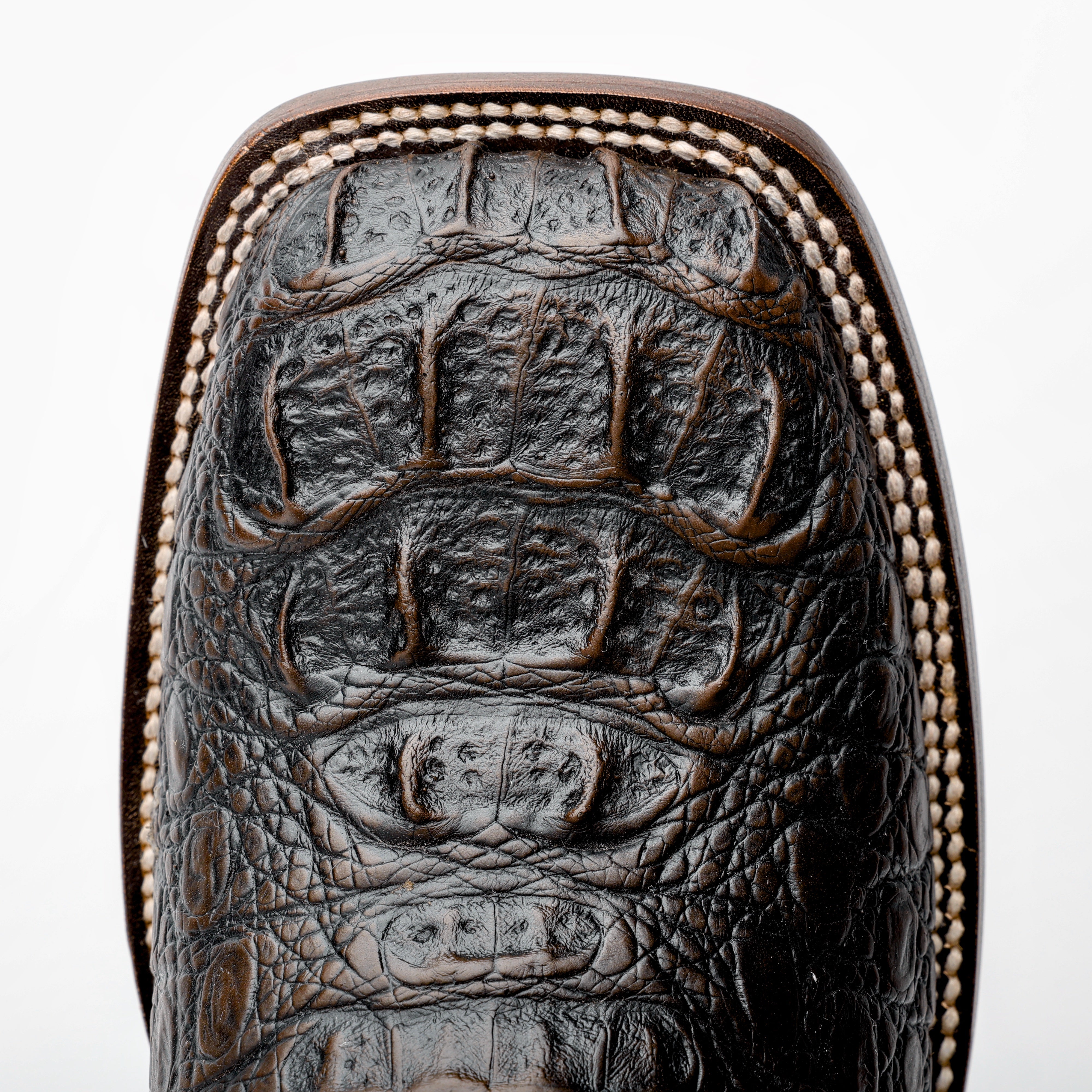 Dark Chocolate Caiman Neck Leather Boots - Square Toe