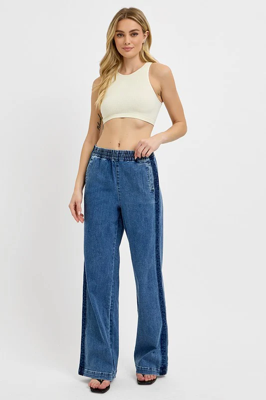 Full Size Elastic Waist Wide Leg Jeans Plus Size