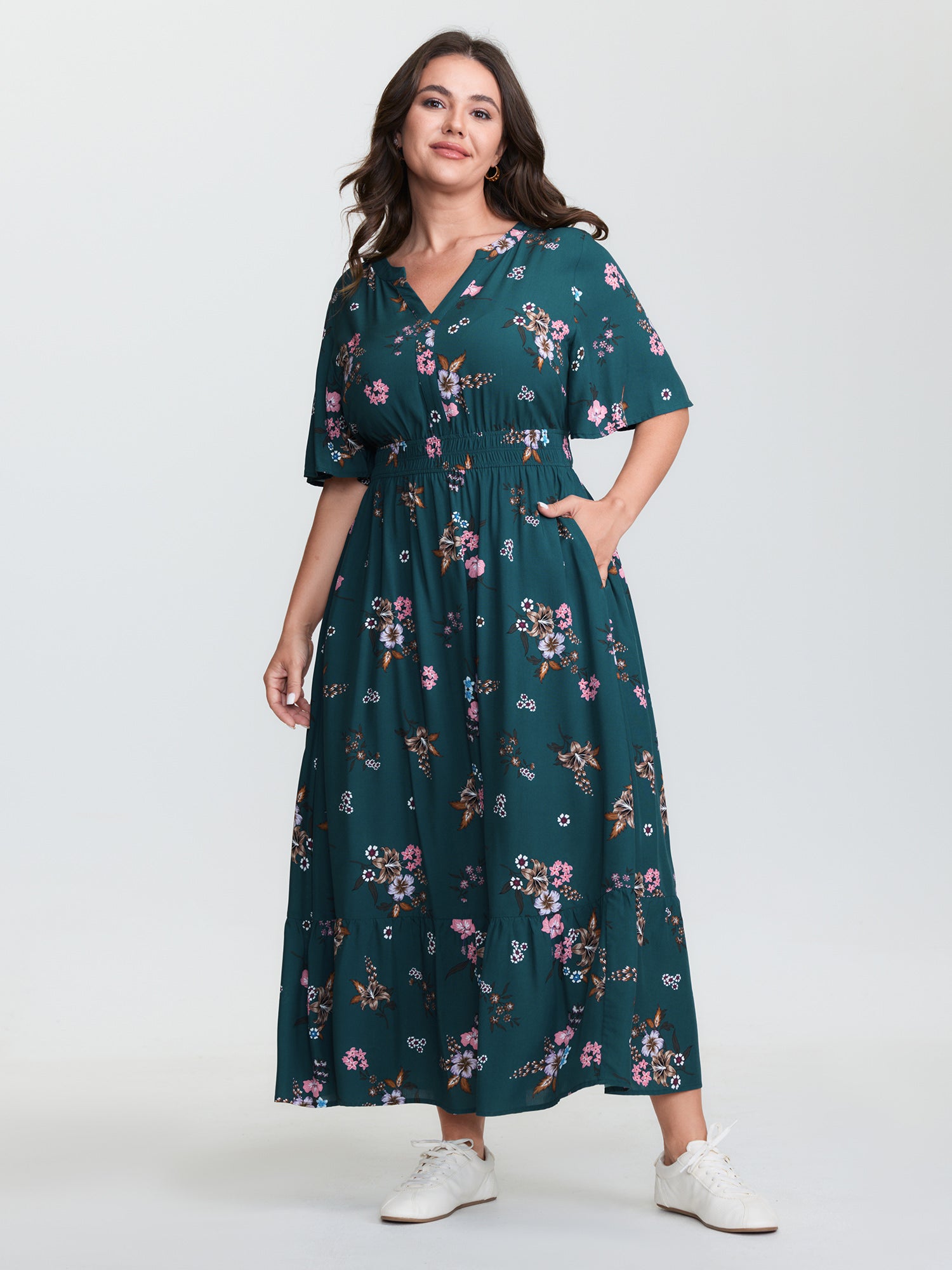 Floral Print Pockets Notched Collar Maxi Dress