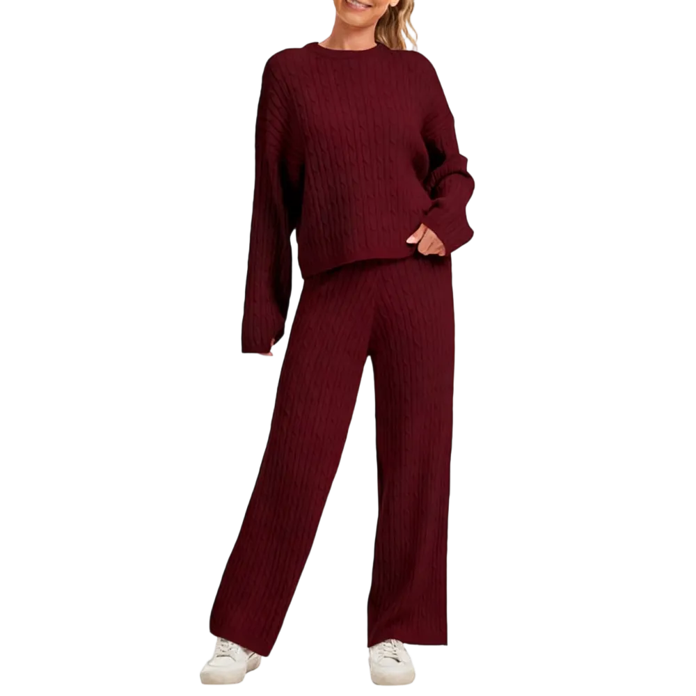 Women's Cable Knit Lounge Set - Long Sleeve Pullover & Wide Leg Pants