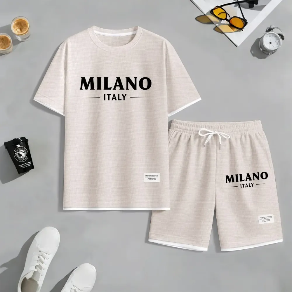 Men's Polo Print Drawstring Shorts Set For Spring/Summer. A Casual Summer Outfit, Including A Short-Sleeved Shirt And Shorts