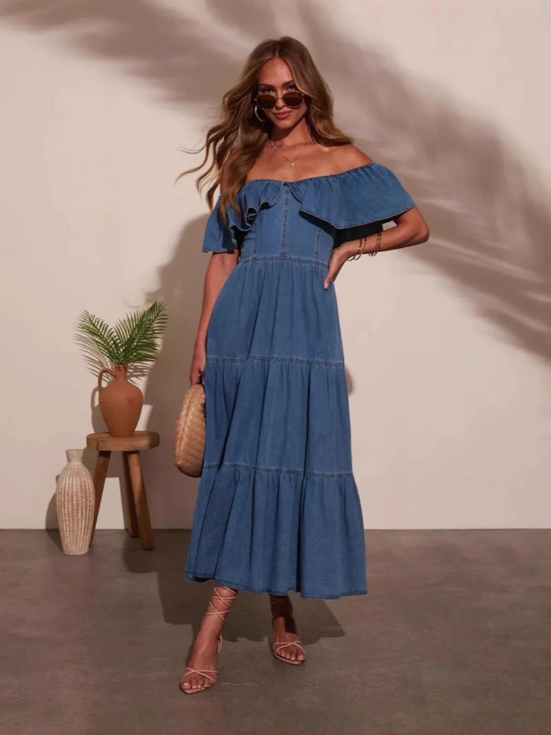 Off Shoulder Ruffle Tiered Denim Midi Dress
