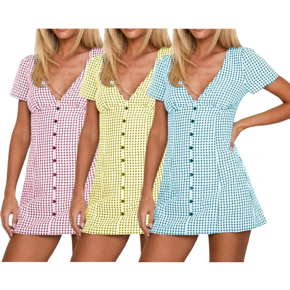 Women's Plaid Print Button Decor V Neck Shortsleeve (Just $4 Each!)