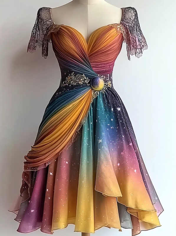 Vacation Handmade Color-Blocking Rainbow Irregular Dress ea93