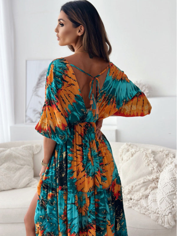 Sexy Deep V Multi-Color Printed Slit Dress With Three-Quarter Sleeves