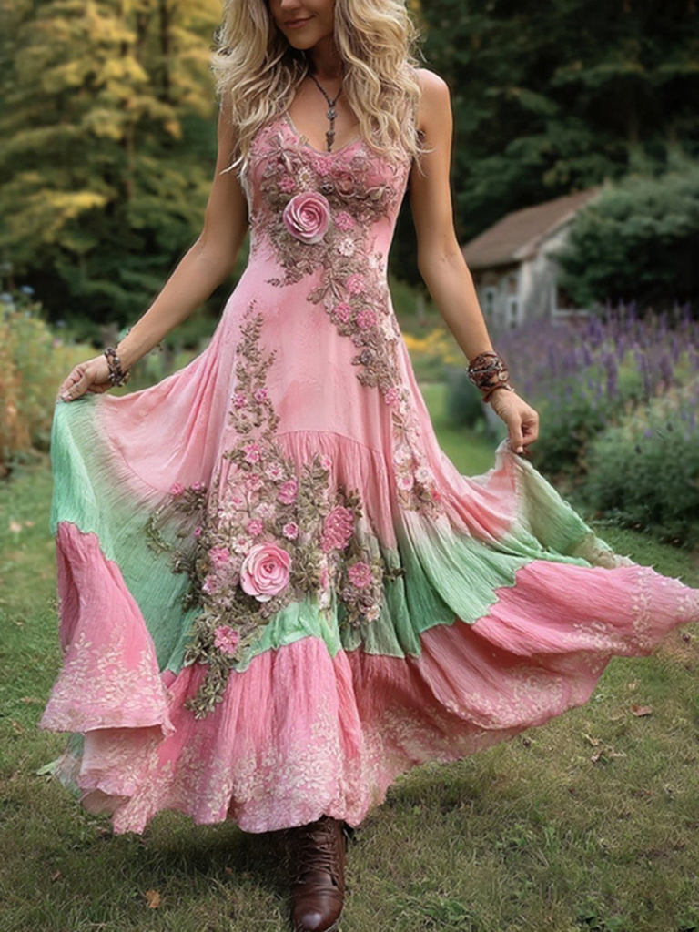 Vintage Gradient Pink Roses And Floral Cancer Awareness Embroidered Linen Maxi Dress