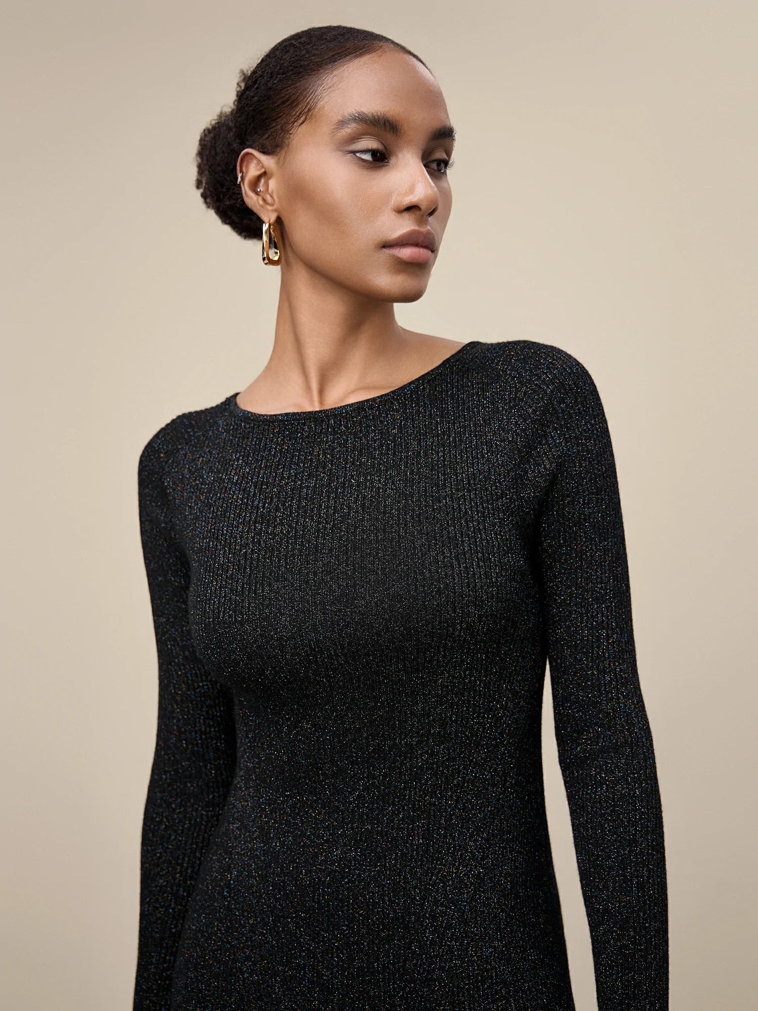 Wool Gold Silver Yarn Long Sleeve Knit Dress