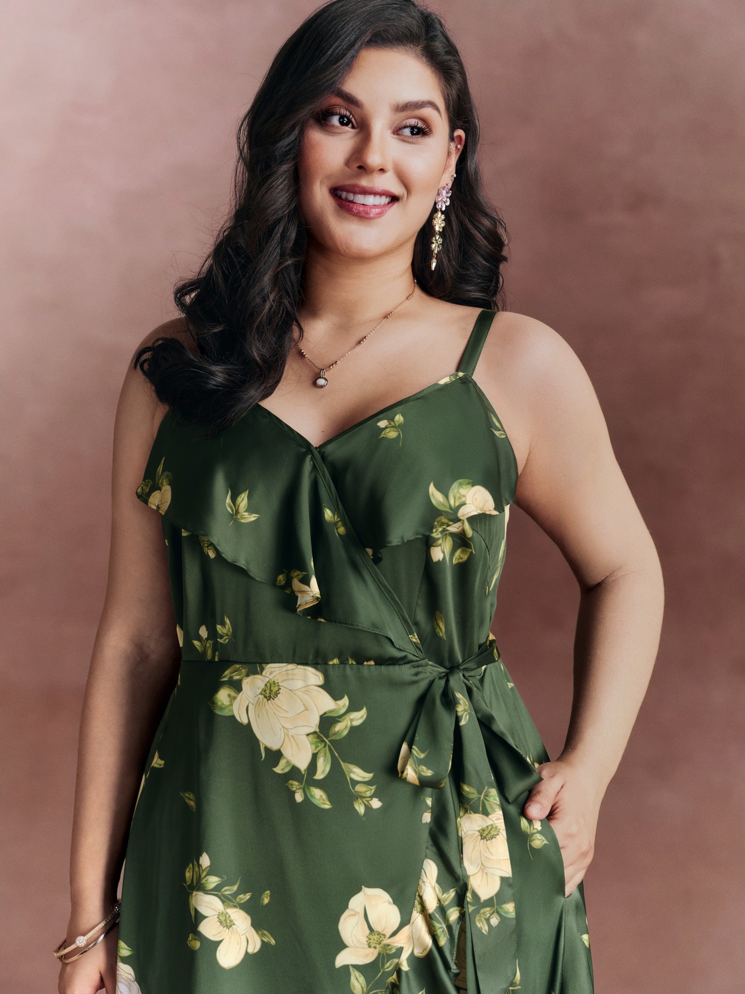 Floral Ruffled Wrap High-Low Hem Midi Dress