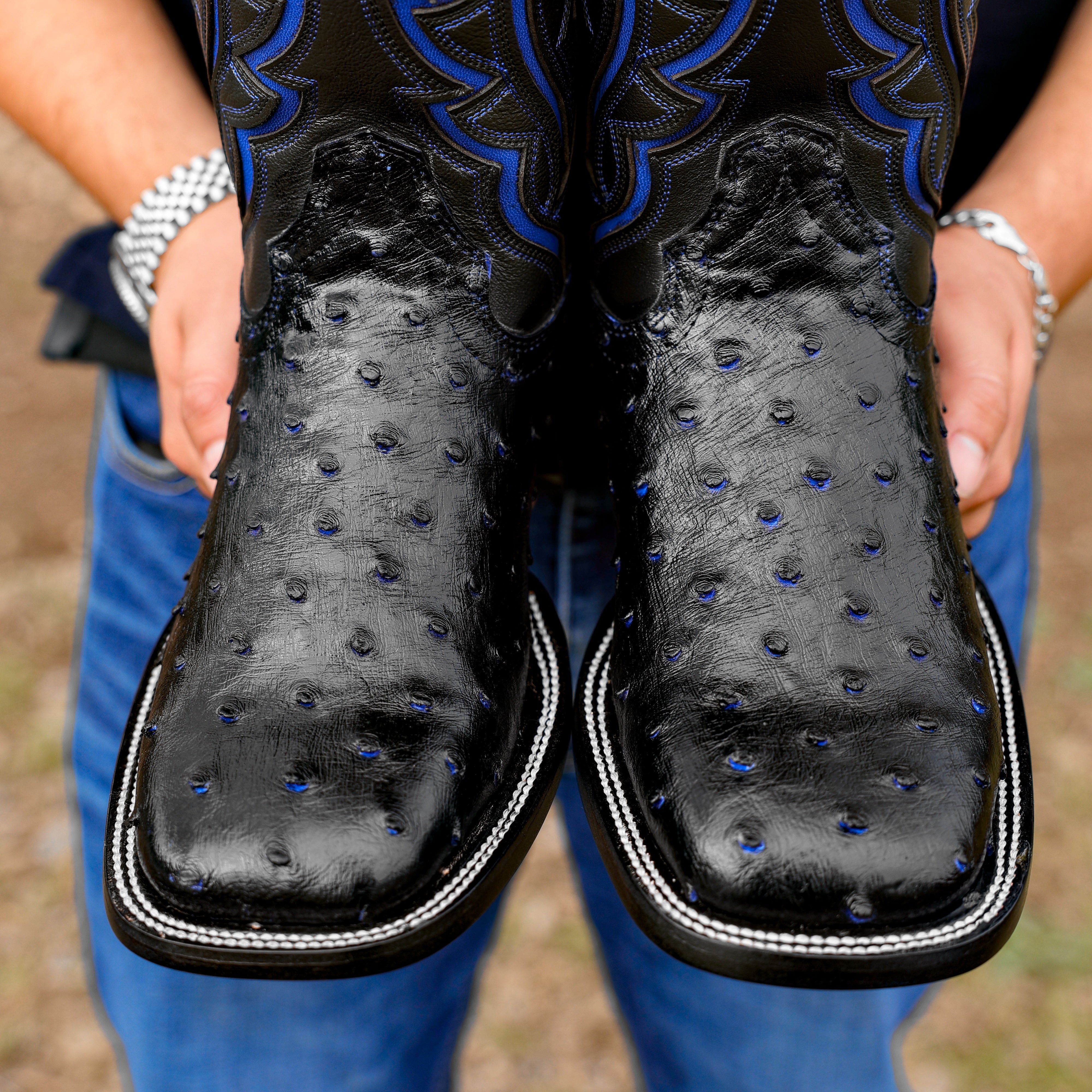 Black/Blue Ostrich Leather Boots - Square Toe