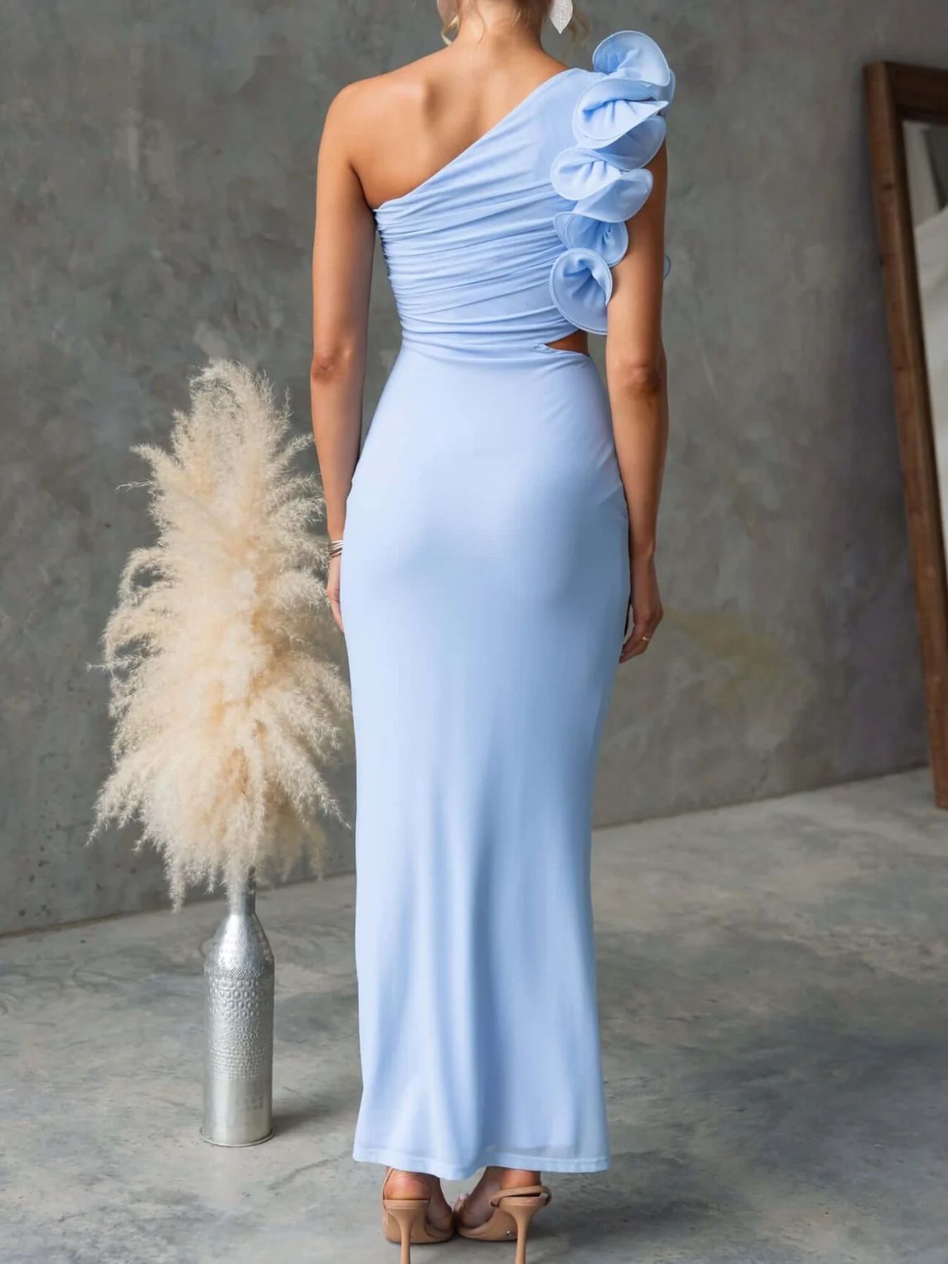 One-Shoulder Floral Trim Sleeveless Maxi Dress