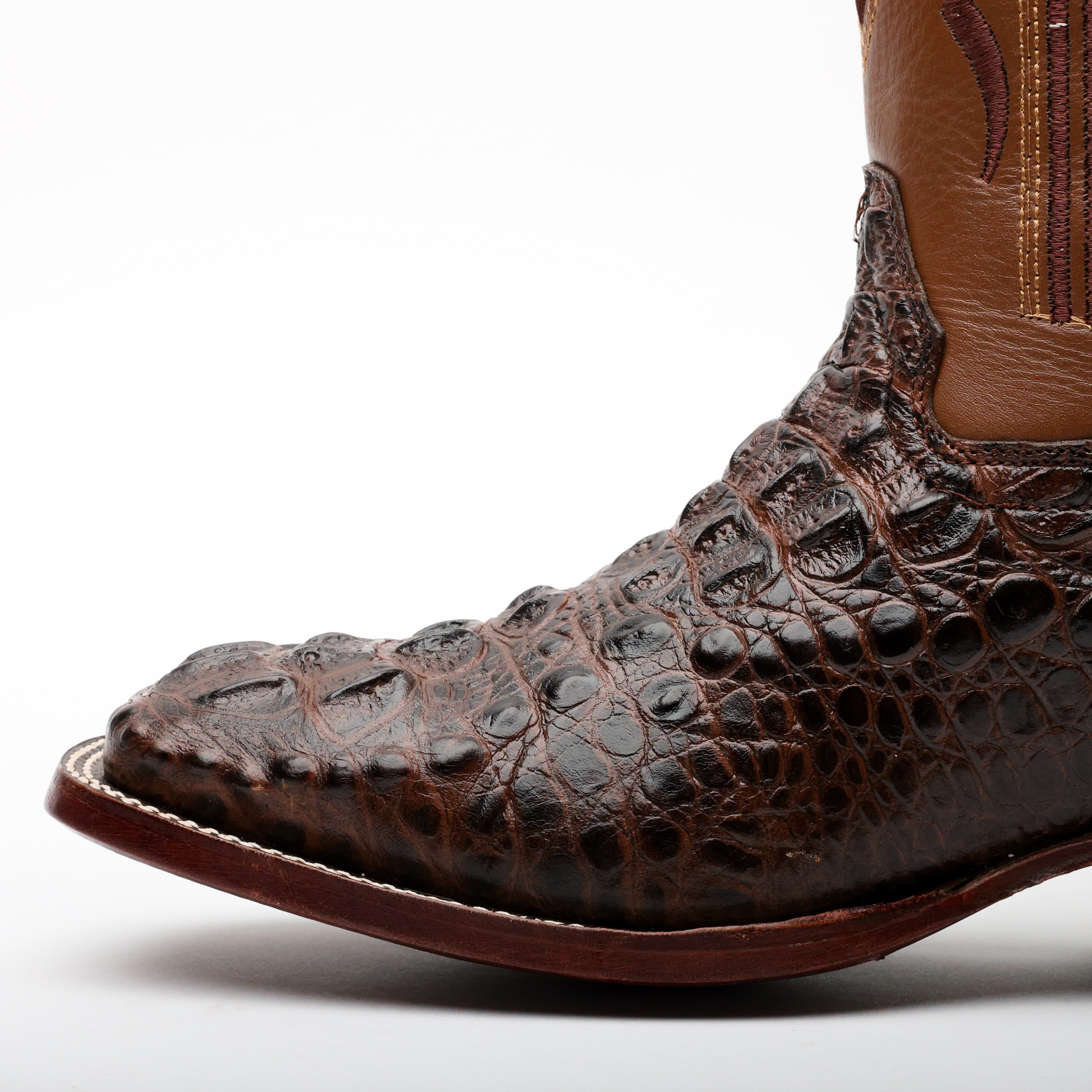 Brown Caiman Neck Leather Boots - Square Toe