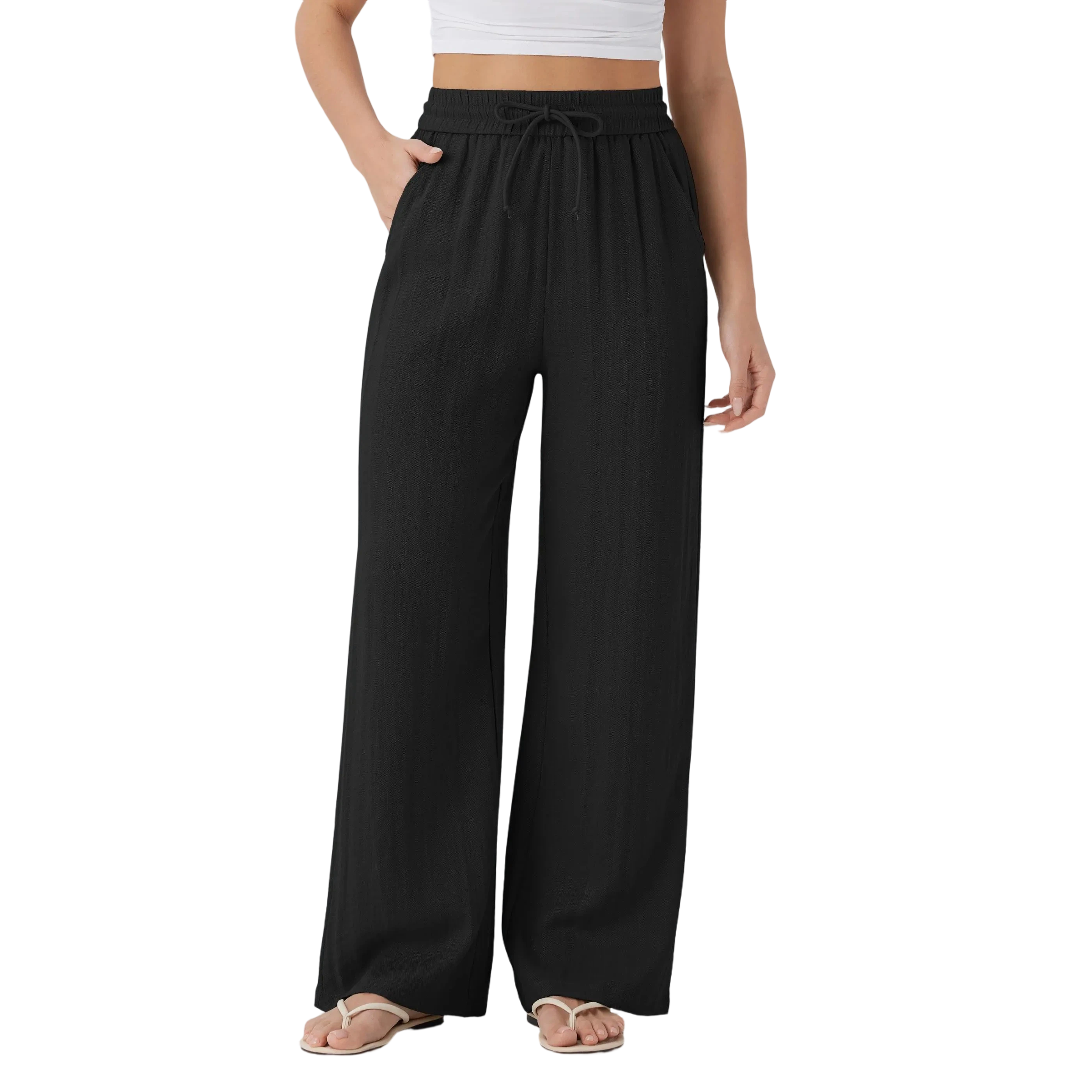 Women's High Waisted Drawstring Pocket Wide Leg Casual Linen-Feel Pants