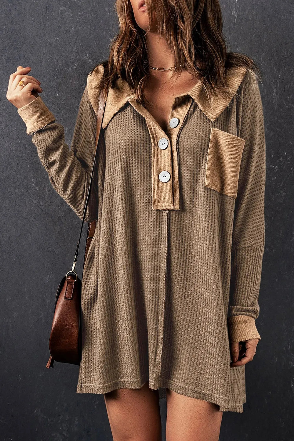 Waffle Knit Button Front Dress