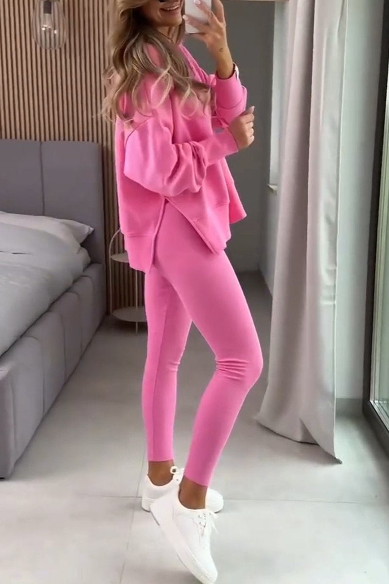 Women's Casual Round Neck Solid Color Side Opening Two Piece Suit