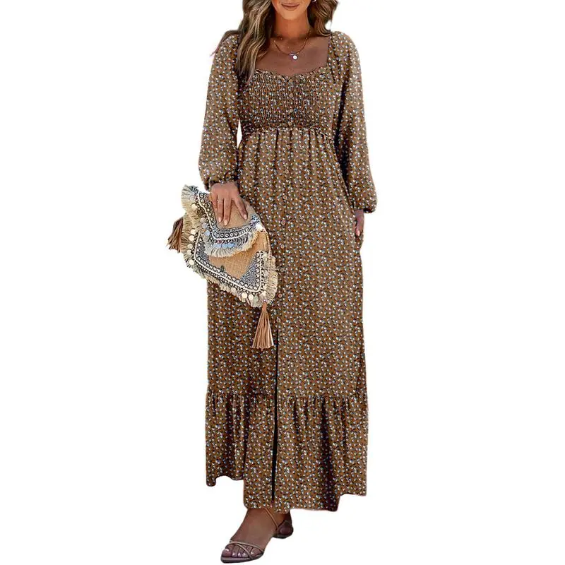 Boho Floral Smocked Square Neck Long Sleeve Maxi Dress