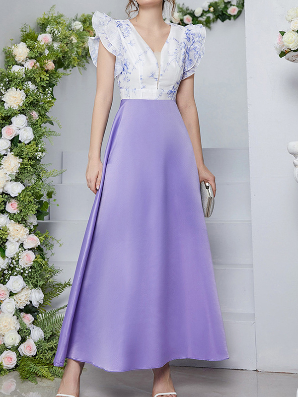 Printed Split-Joint High Waisted Petal Sleeves Deep V-Neck Maxi Dresses