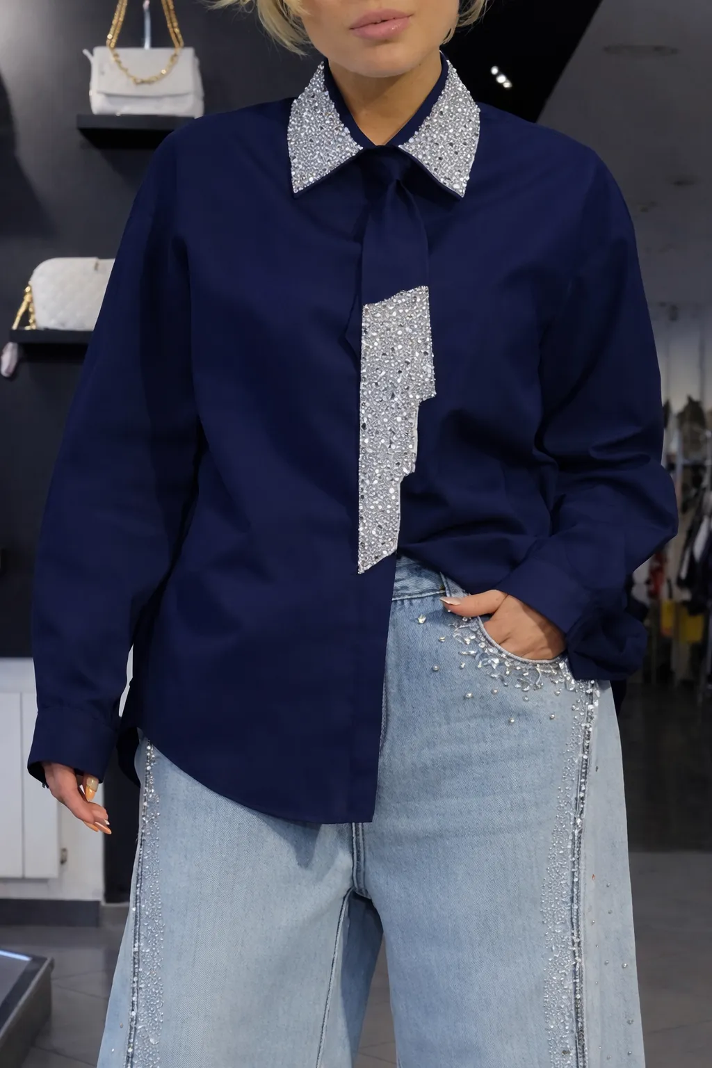 Women's Tie Shirt + Jeans Rhinestone Suit