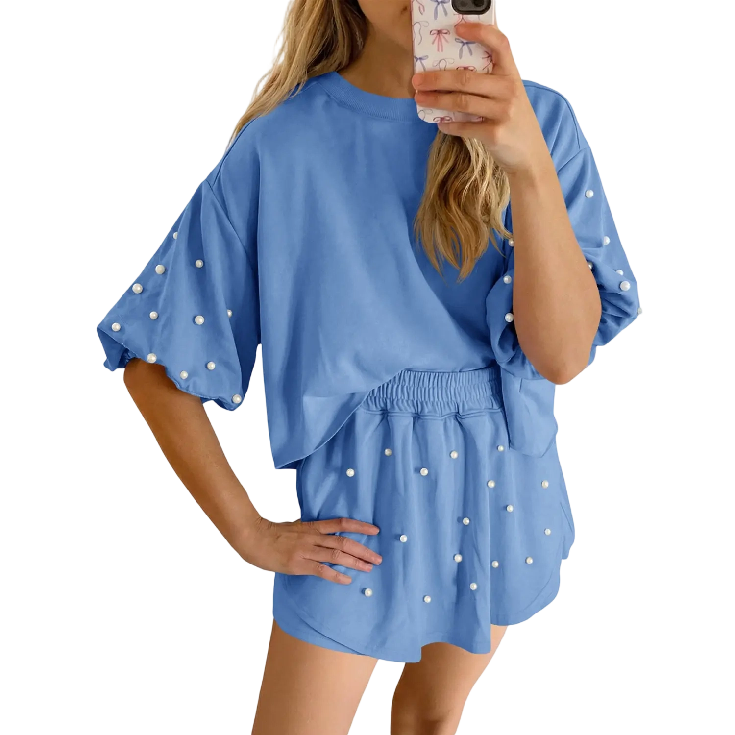 Chic Comfort Pearl Lounge Set – Puff Sleeve Top & Soft Knit Shorts