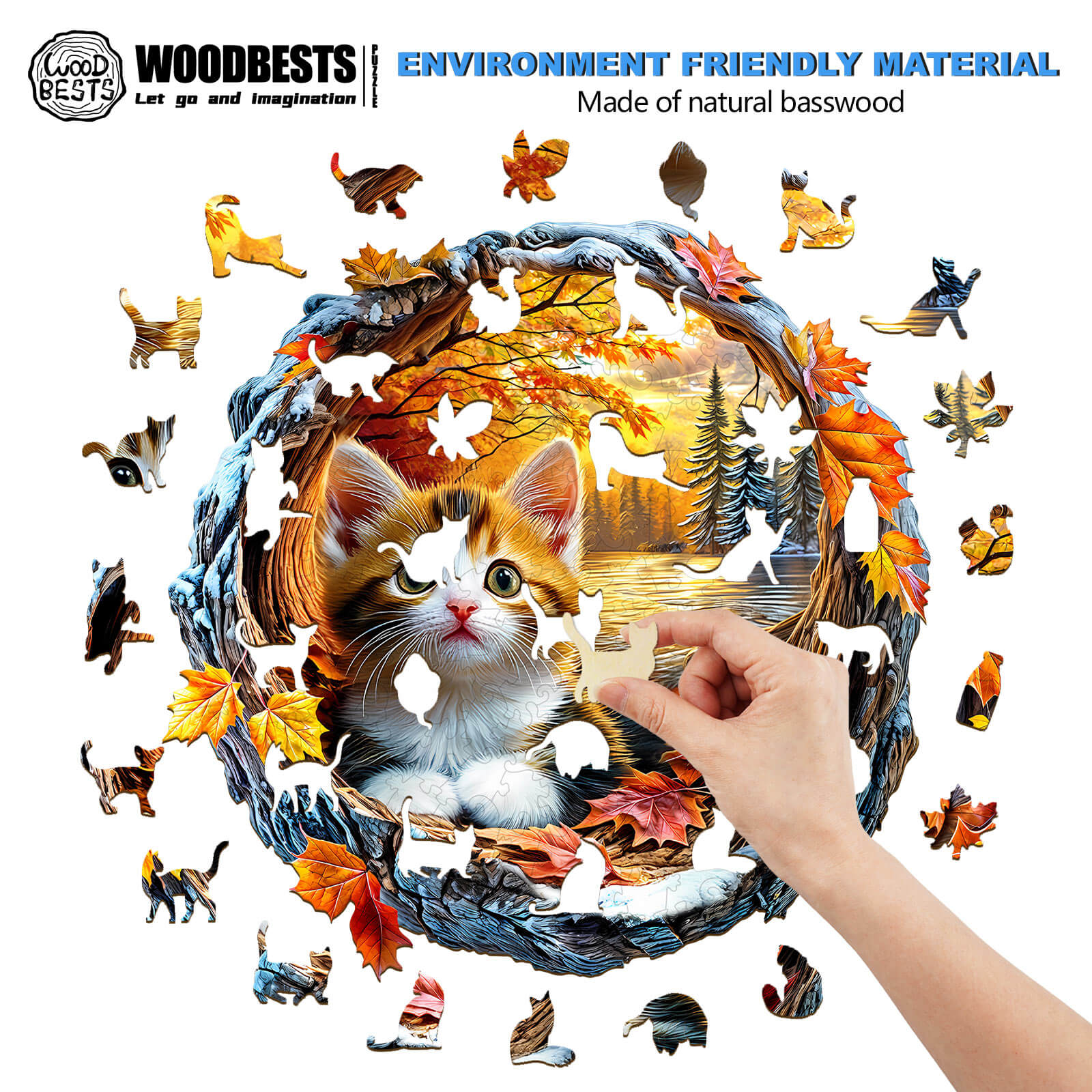 3D Kitten in Autumn Wooden Jigsaw Puzzle