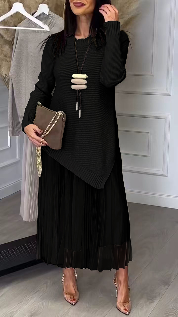 Ladies Inner Mesh Pleated Dress+ Irregular Knitted Sweater Casual Set