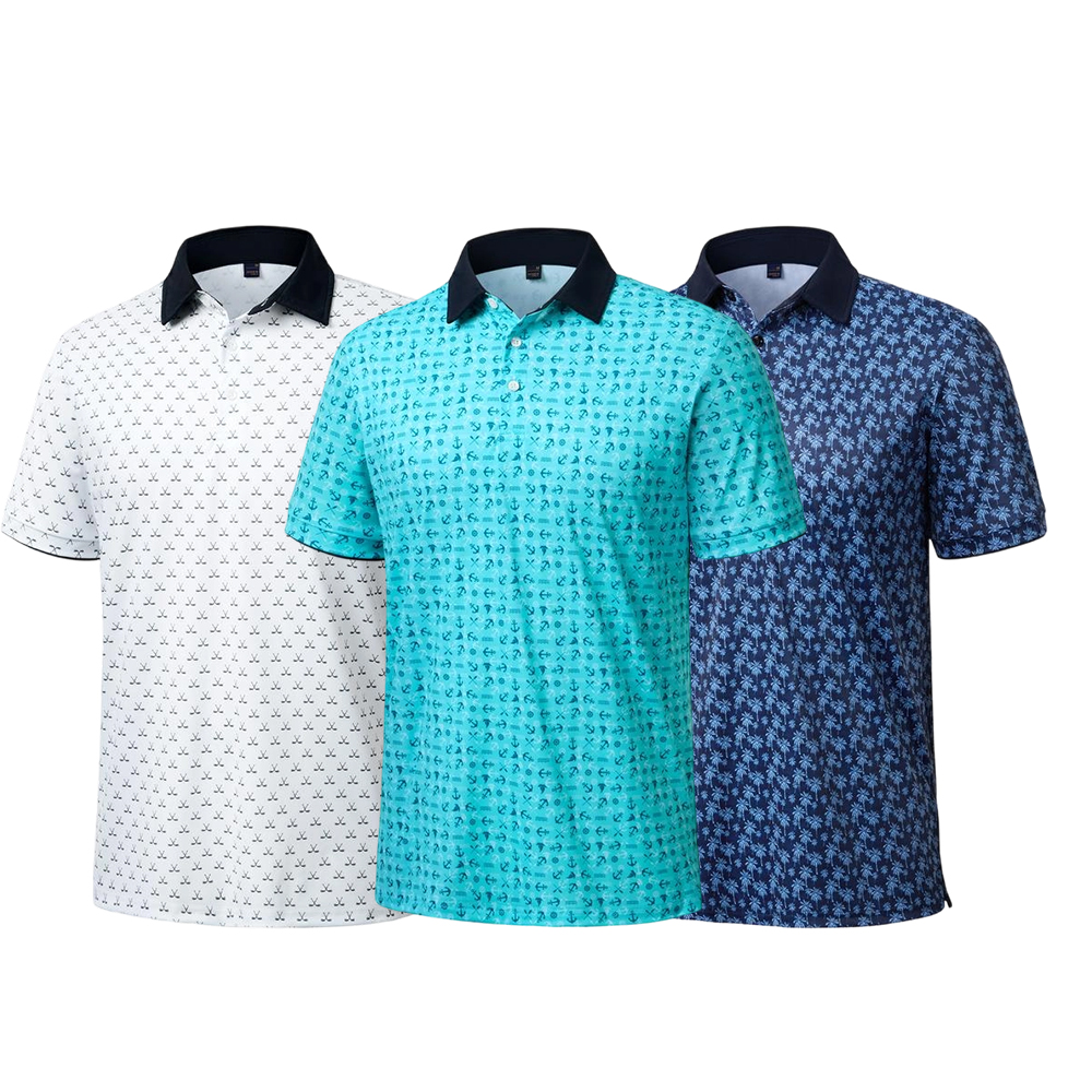 Mens Golf Polo Shirts Short Sleeve Dry Fit Moisture Wicking Casual Tennis Polos Print Collared Shirt