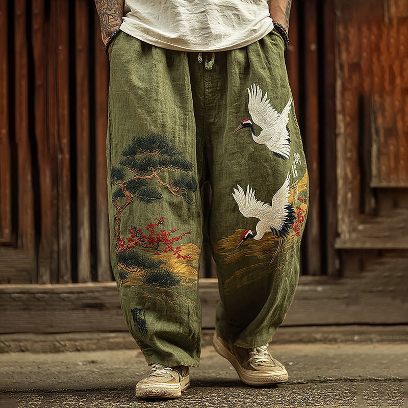 Men's Vintage Japanese Pine Crane Art Embroidery Art Linen Blended Casual Pants